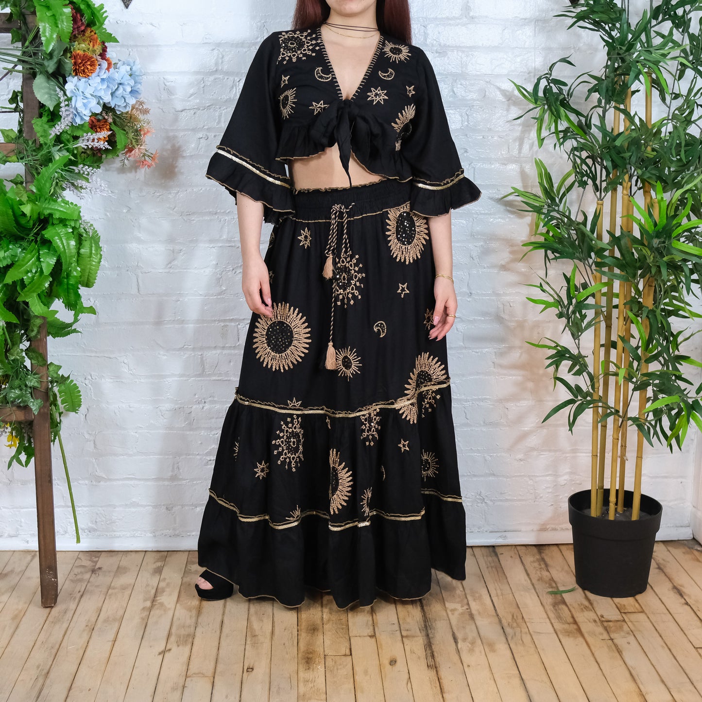 Flowy Tiered Hand Embroidery Skirt with Ruffle Sleeve Top