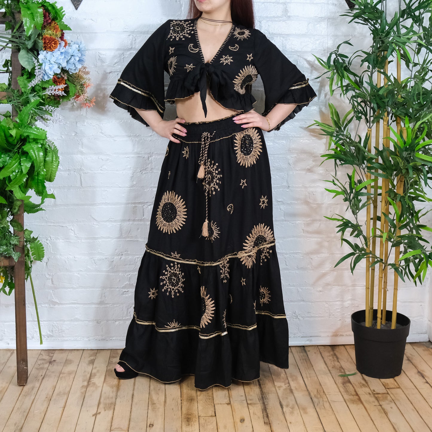 Flowy Tiered Hand Embroidery Skirt with Ruffle Sleeve Top