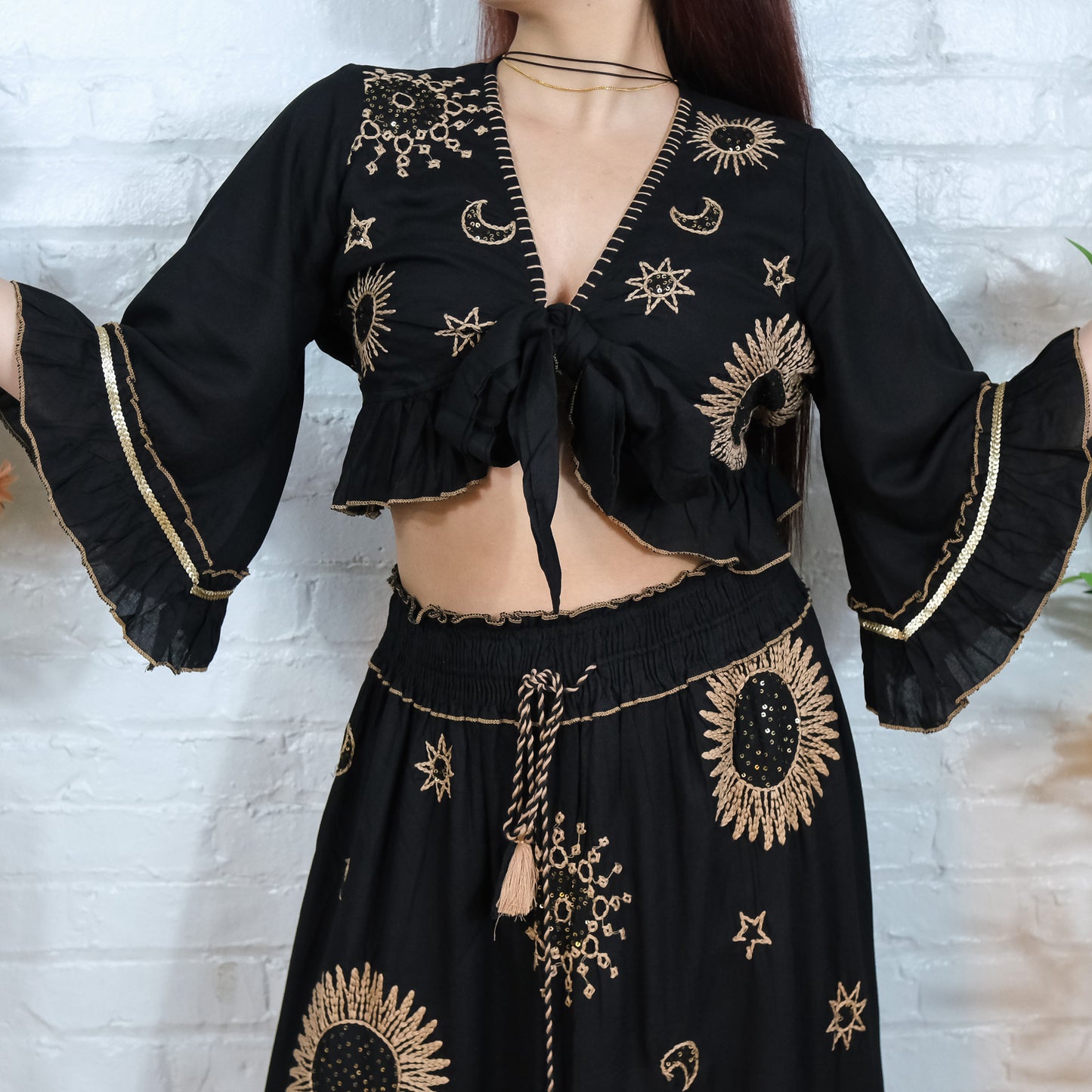 Flowy Tiered Hand Embroidery Skirt with Ruffle Sleeve Top