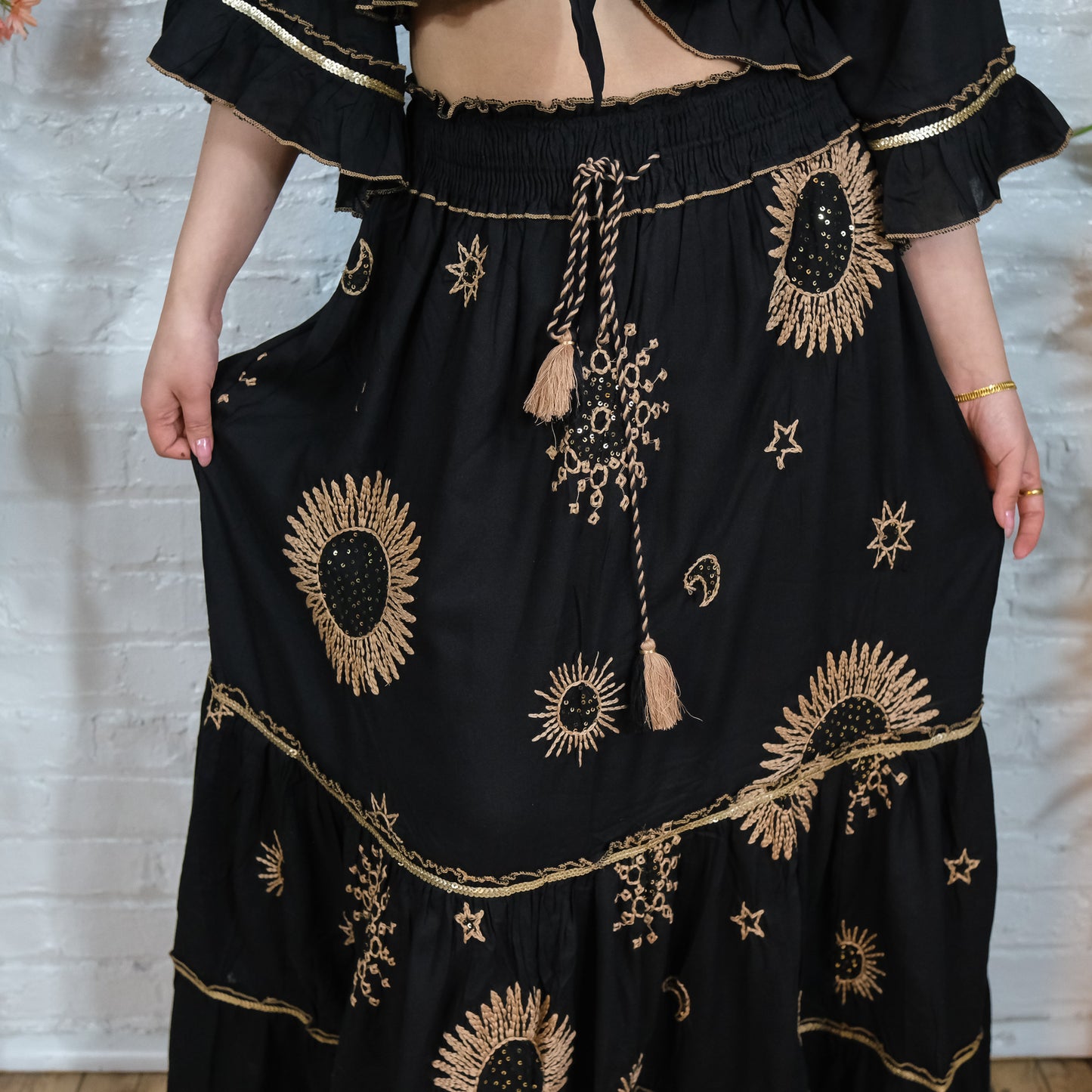 Flowy Tiered Hand Embroidery Skirt with Ruffle Sleeve Top