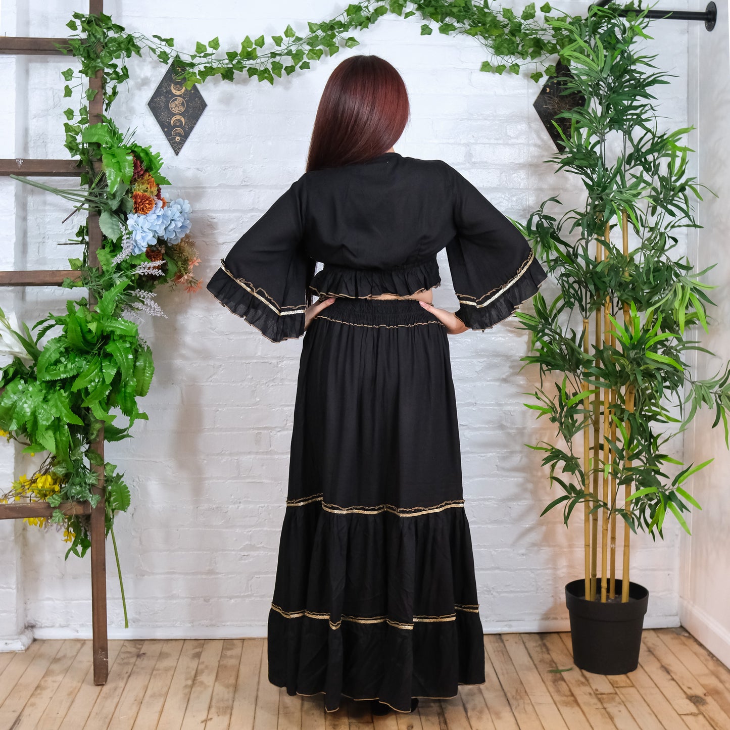 Flowy Tiered Hand Embroidery Skirt with Ruffle Sleeve Top