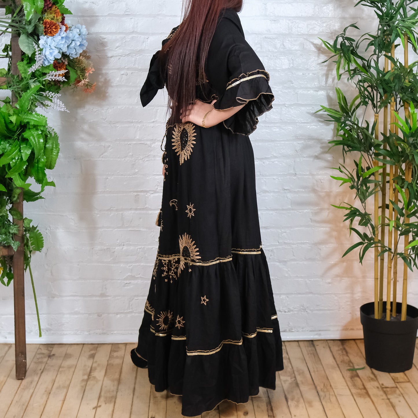 Flowy Tiered Hand Embroidery Skirt with Ruffle Sleeve Top