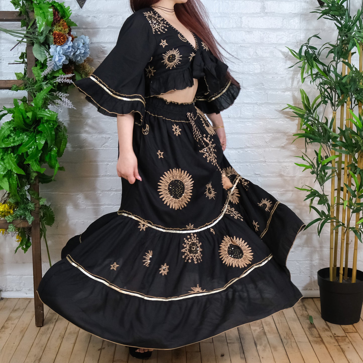 Flowy Tiered Hand Embroidery Skirt with Ruffle Sleeve Top