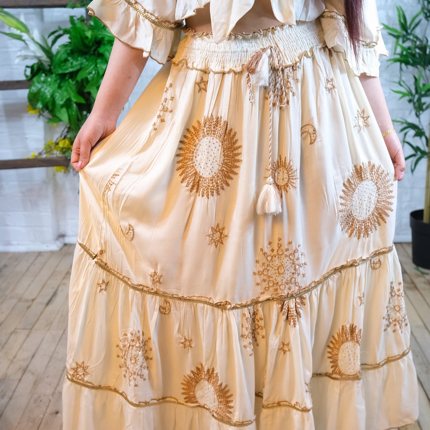Flowy Tiered Hand Embroidery Skirt with Ruffle Sleeve Top
