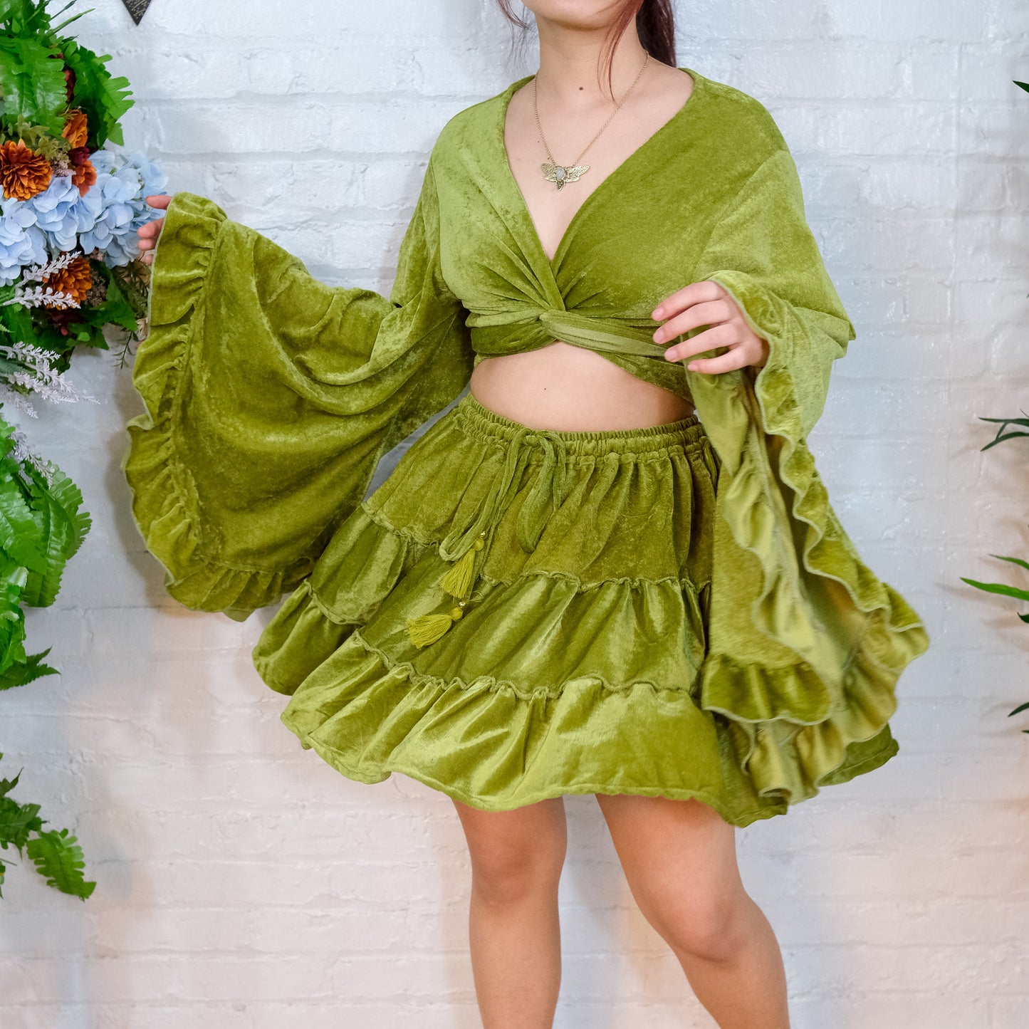 Tiered Flowy Mini Velvet Skirt with Ruffle Top