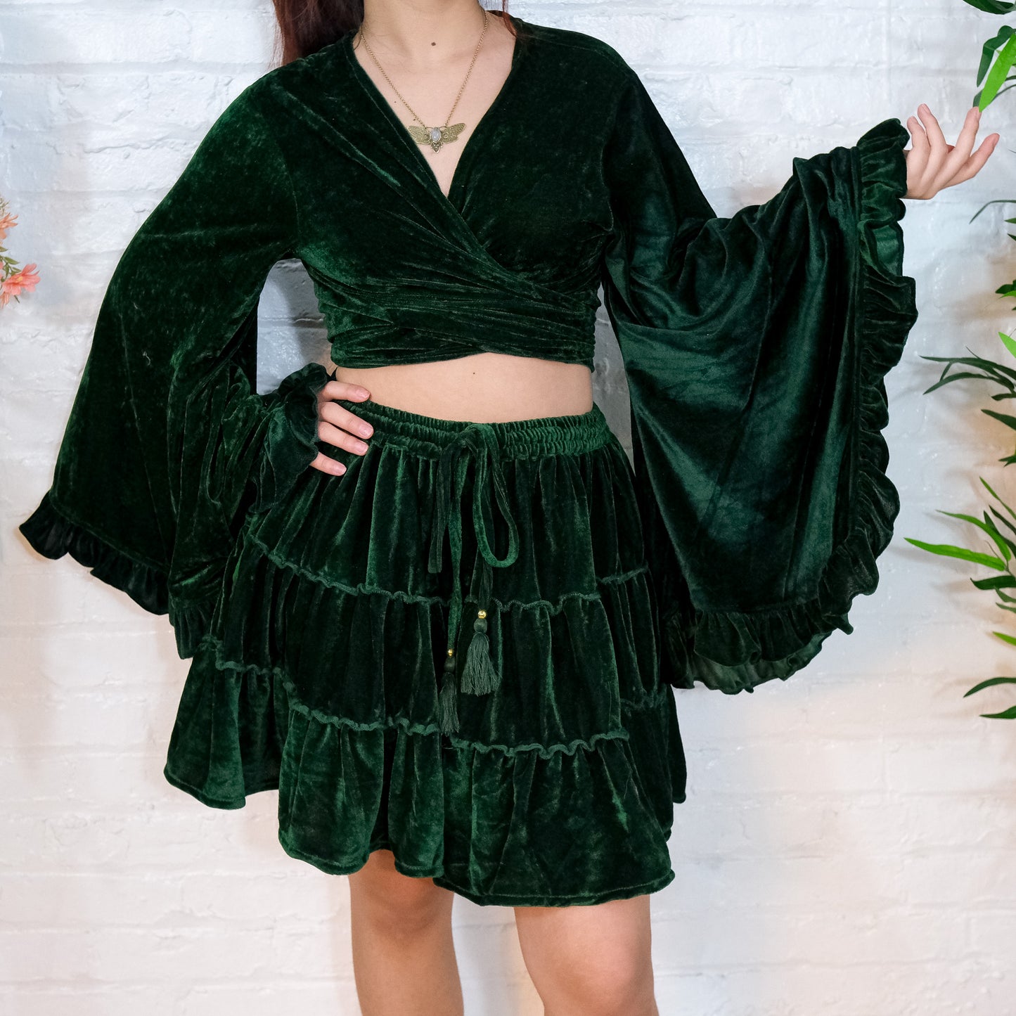 Tiered Flowy Mini Velvet Skirt with Ruffle Top