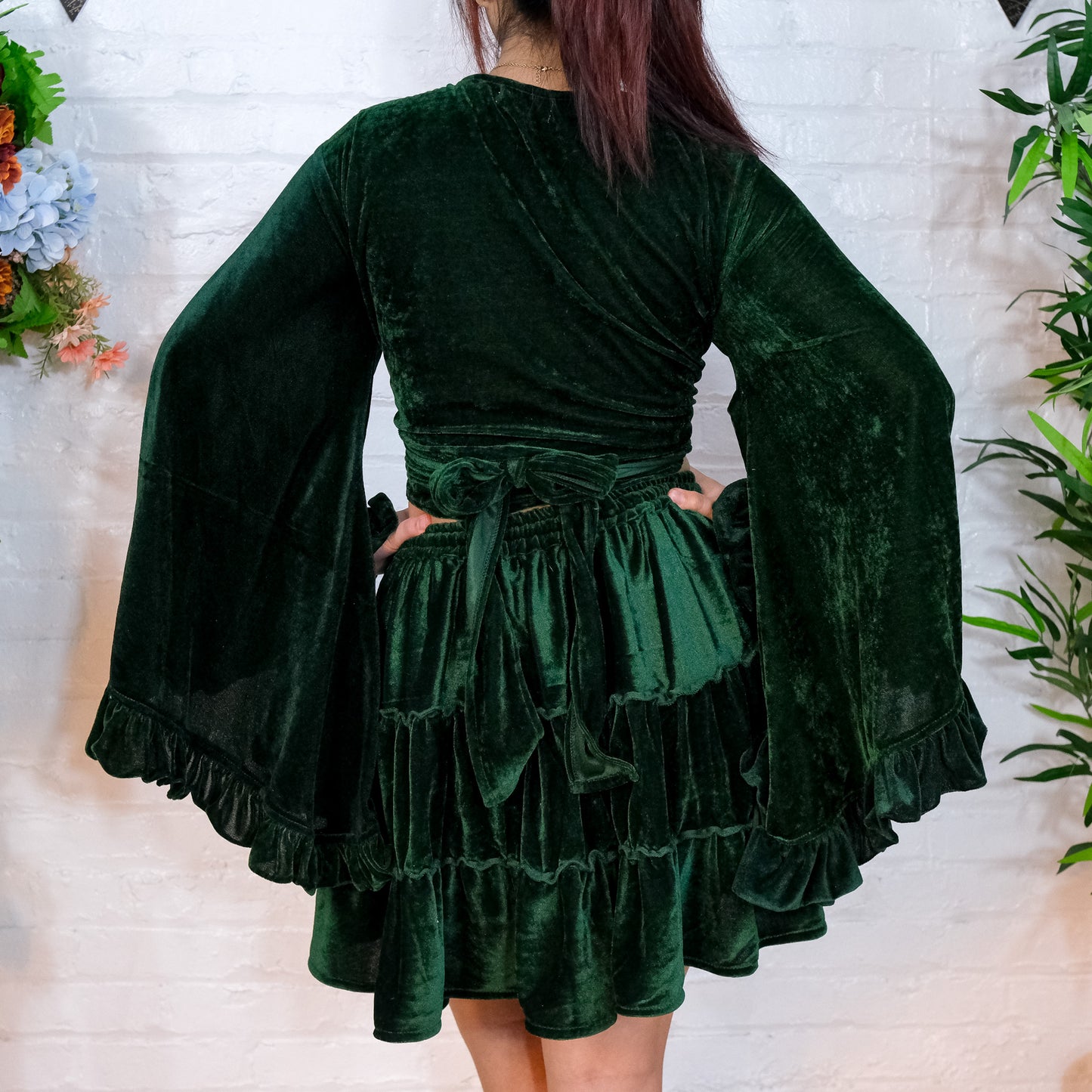 Tiered Flowy Mini Velvet Skirt with Ruffle Top