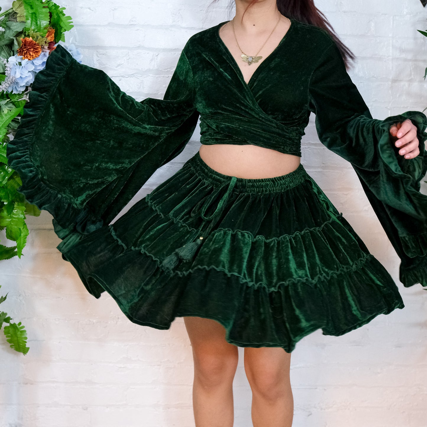 Tiered Flowy Mini Velvet Skirt with Ruffle Top
