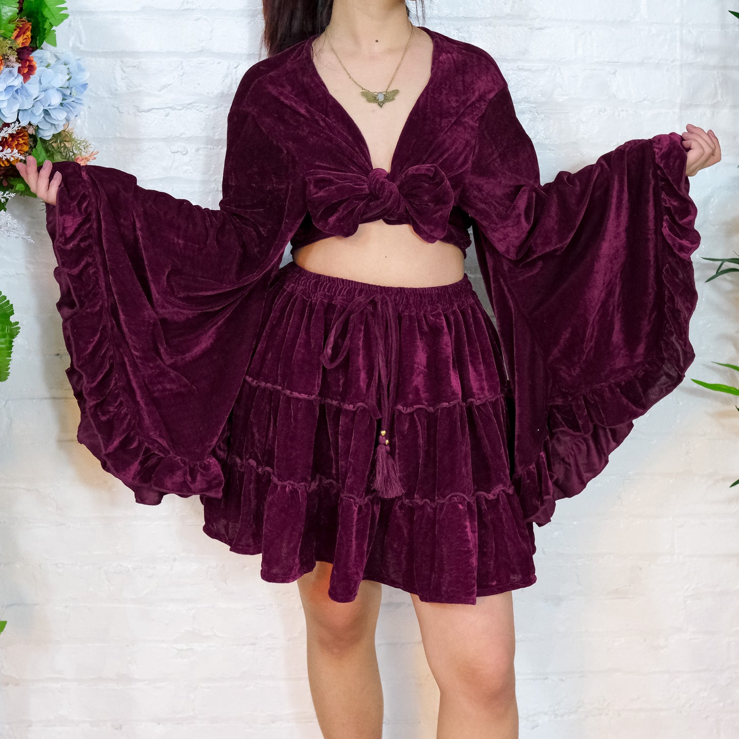 Tiered Flowy Mini Velvet Skirt with Ruffle Top