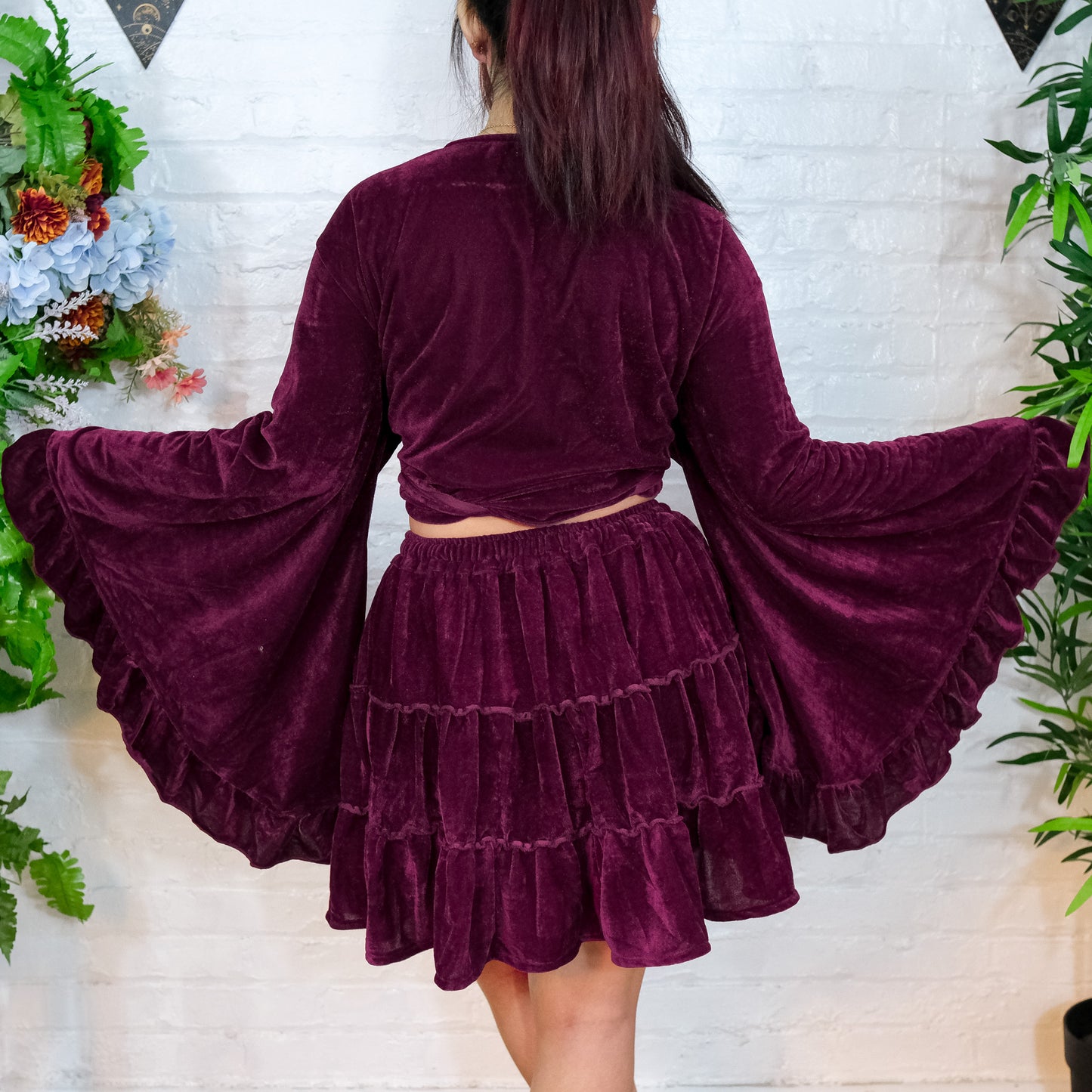 Tiered Flowy Mini Velvet Skirt with Ruffle Top