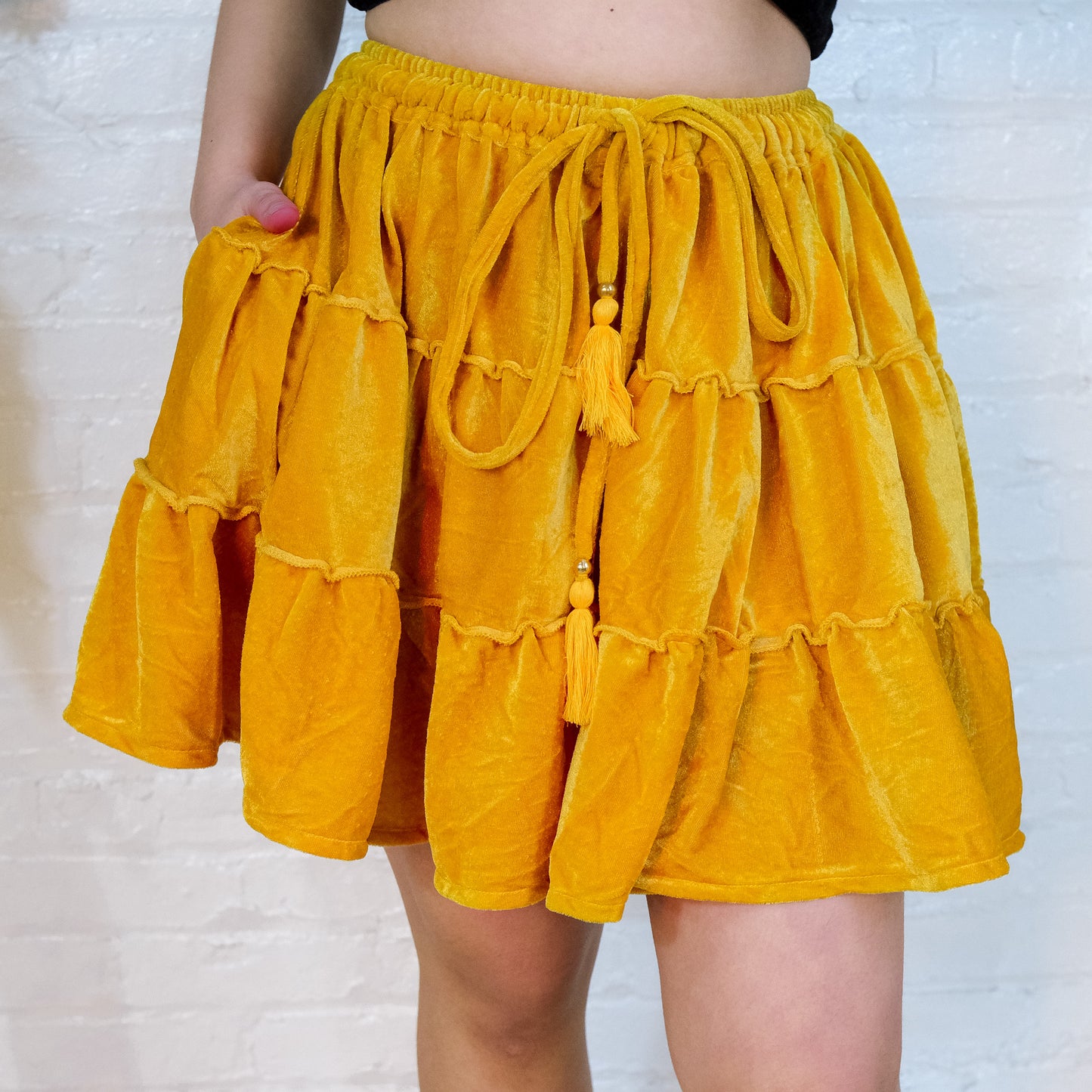 Tiered Flowy Mini Velvet Skirt with Ruffle Top