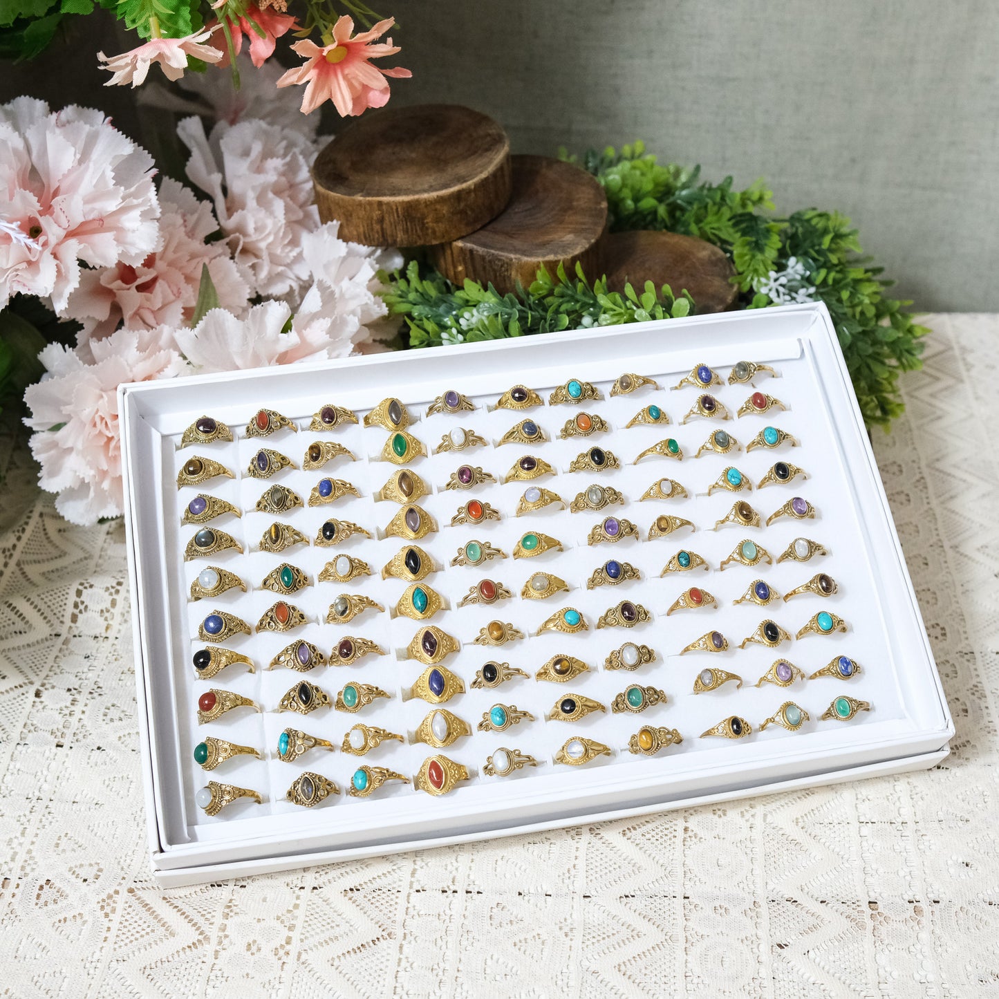 100 Piece Gold Dipped Crystal Boho Assorted Ring
