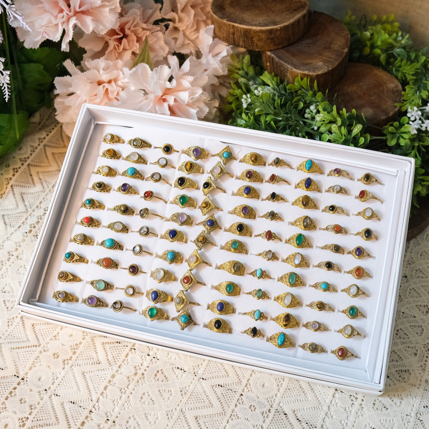 100 Piece Gold Dipped Crystal Boho Assorted Ring