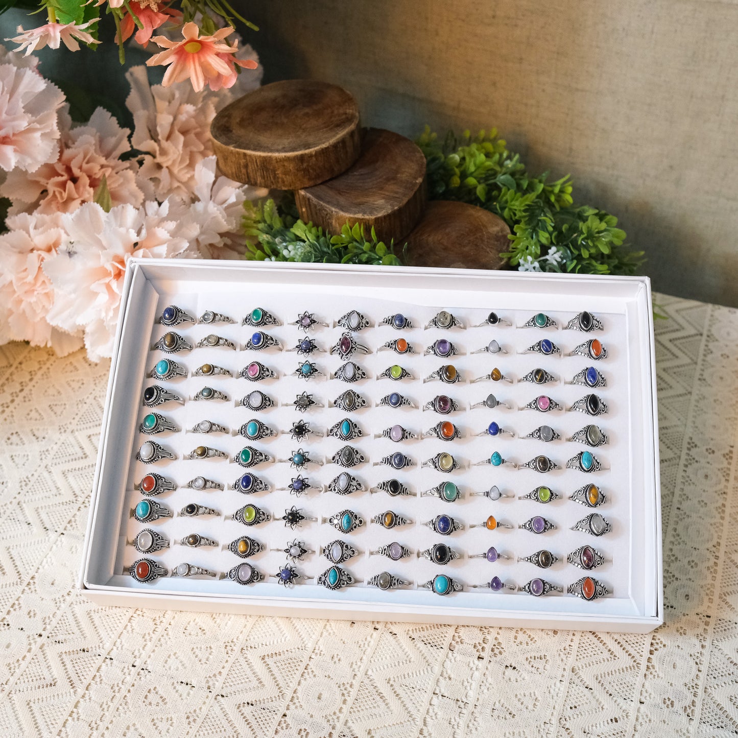 100 Piece Silver Crystal Boho Assorted Ring