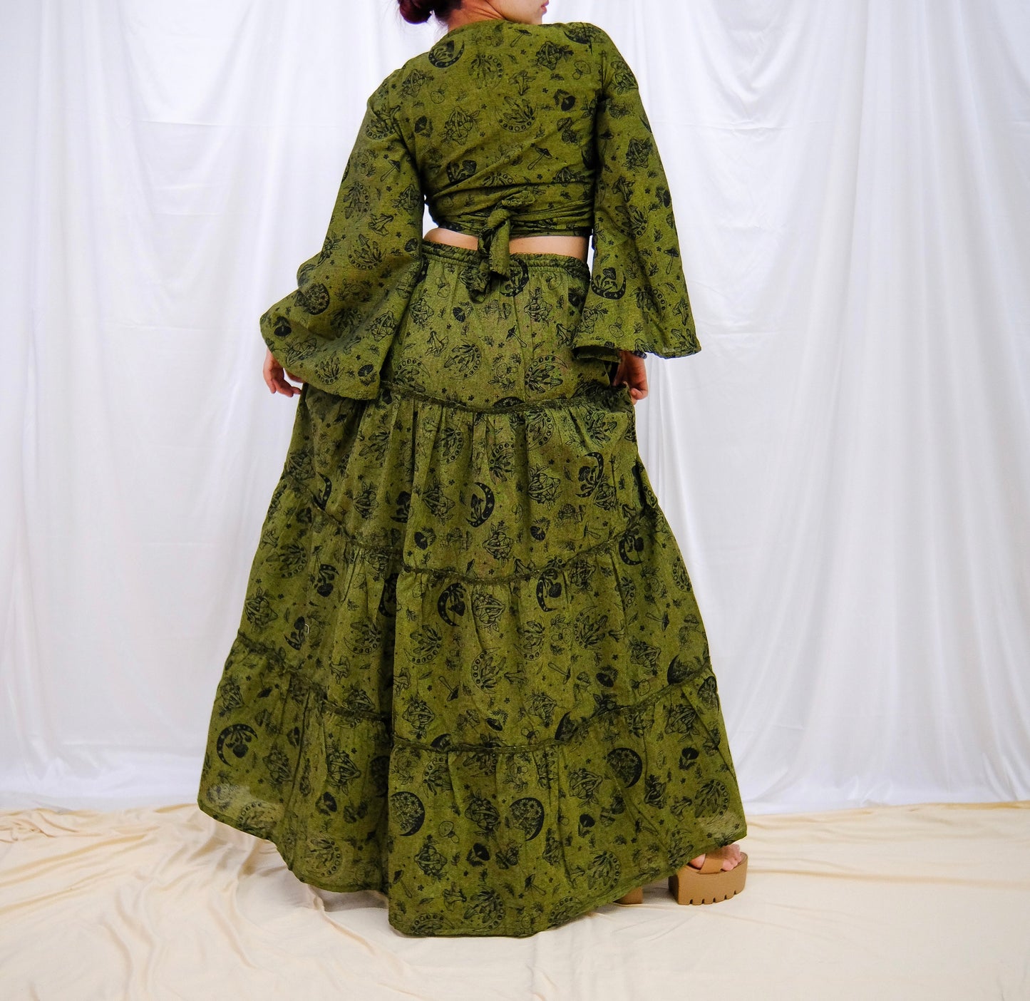 Flowy Tiered Mushroom Celestial Skirt with Bell Sleeve Wrap Top