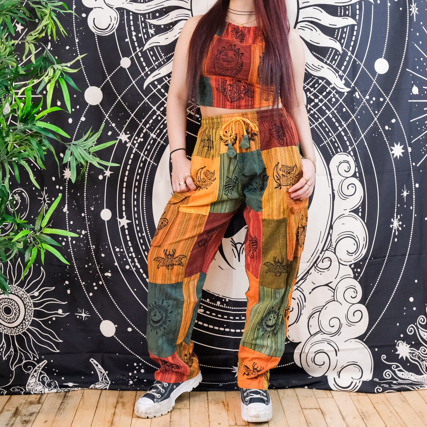 Patchwork Cotton Boho Hippie Cargo Pants with Multi Pockets