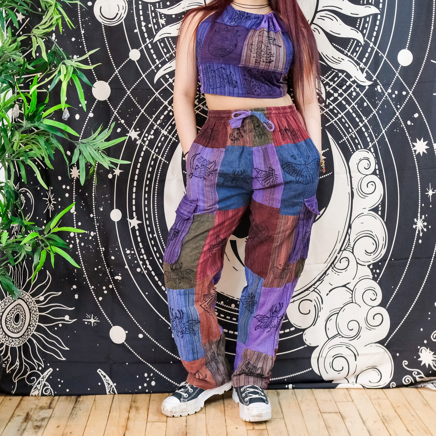 Patchwork Cotton Boho Hippie Cargo Pants with Multi Pockets