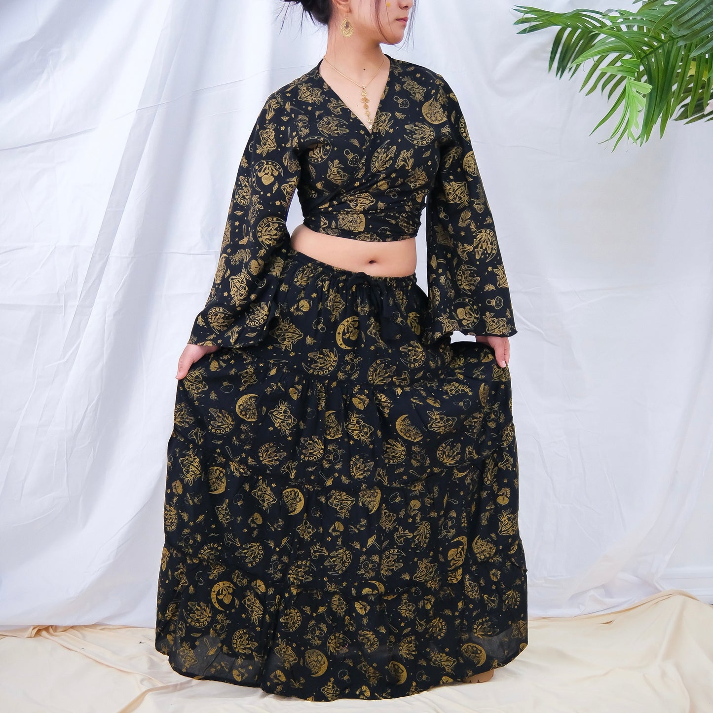 Flowy Tiered Mushroom Celestial Skirt with Bell Sleeve Wrap Top