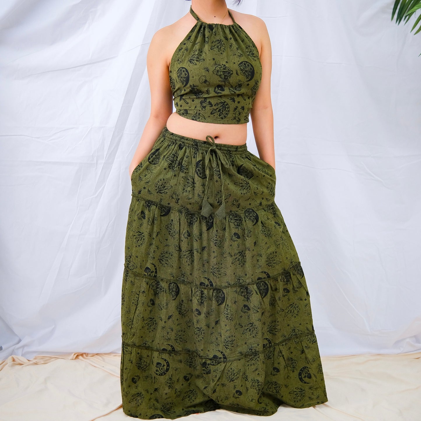 Flowy Tiered Mushroom Celestial Cotton Skirt with Halter Top