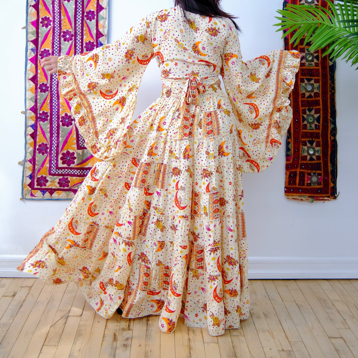 Flowy Silk Tiered Skirt Set with Flare Sleeve Top