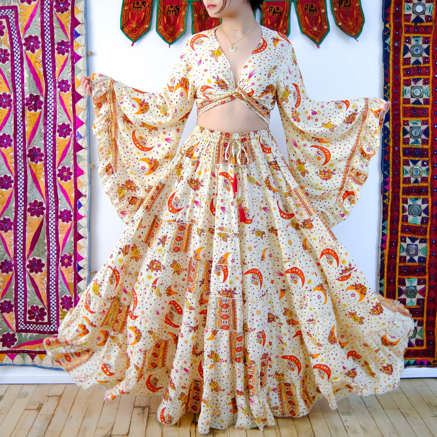 Flowy Silk Tiered Skirt Set with Flare Sleeve Top