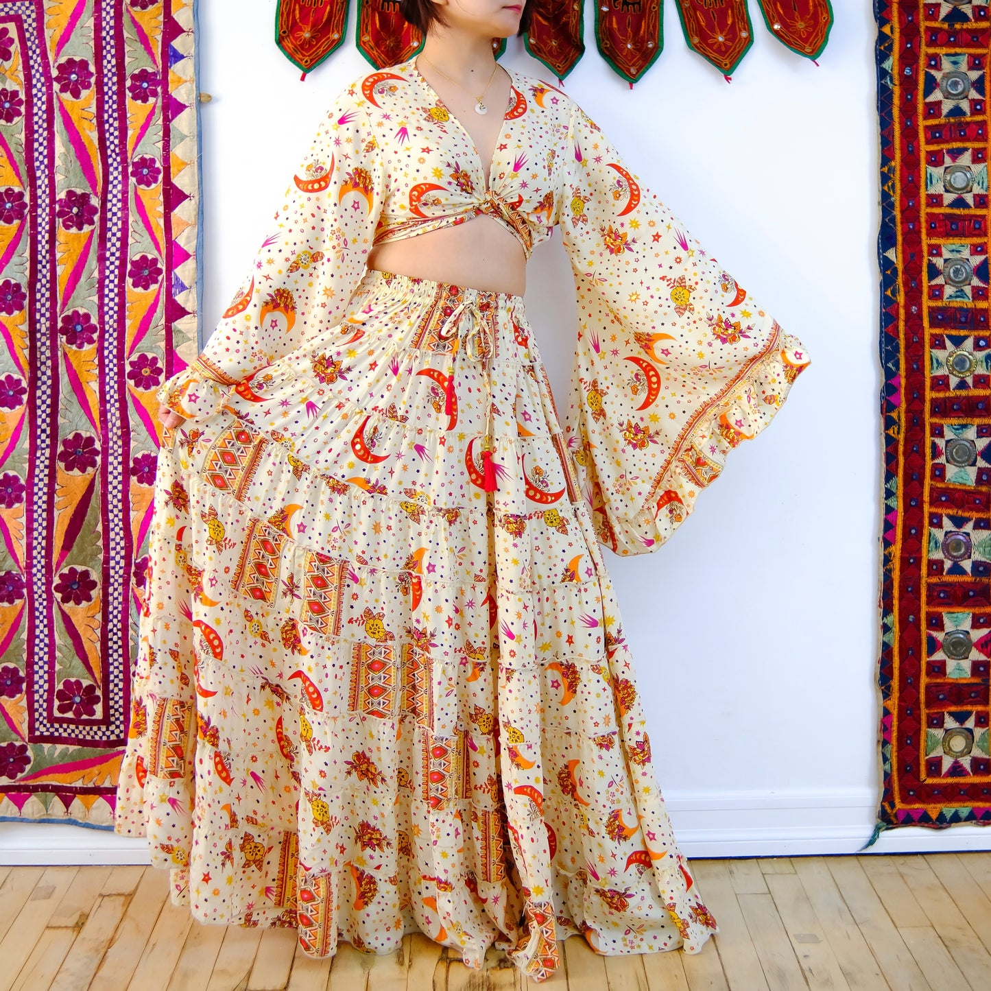 Flowy Silk Tiered Skirt Set with Flare Sleeve Top