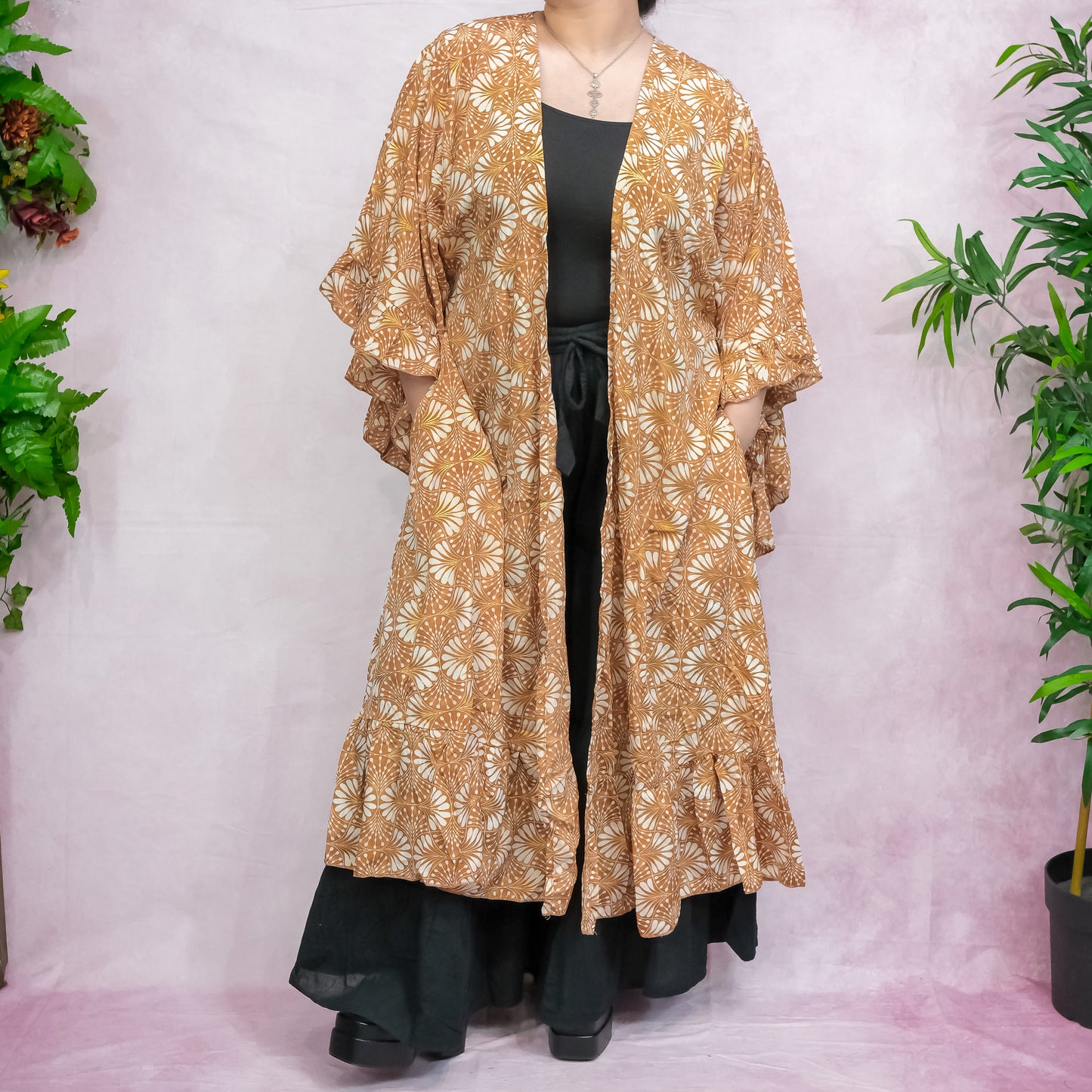 Flowy Ruffle Boho Long Kimono with Pockets