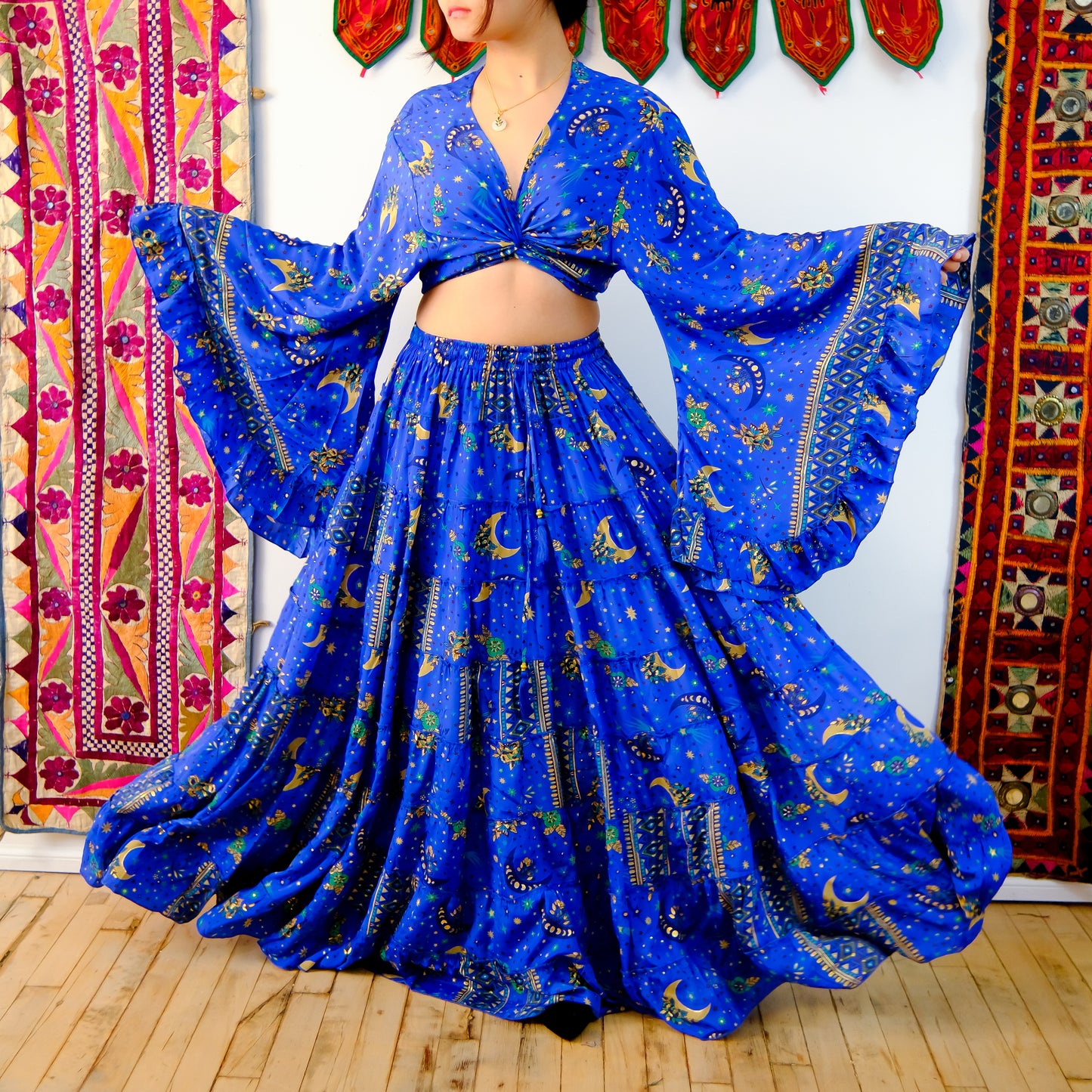 Flowy Silk Tiered Skirt Set with Flare Sleeve Top