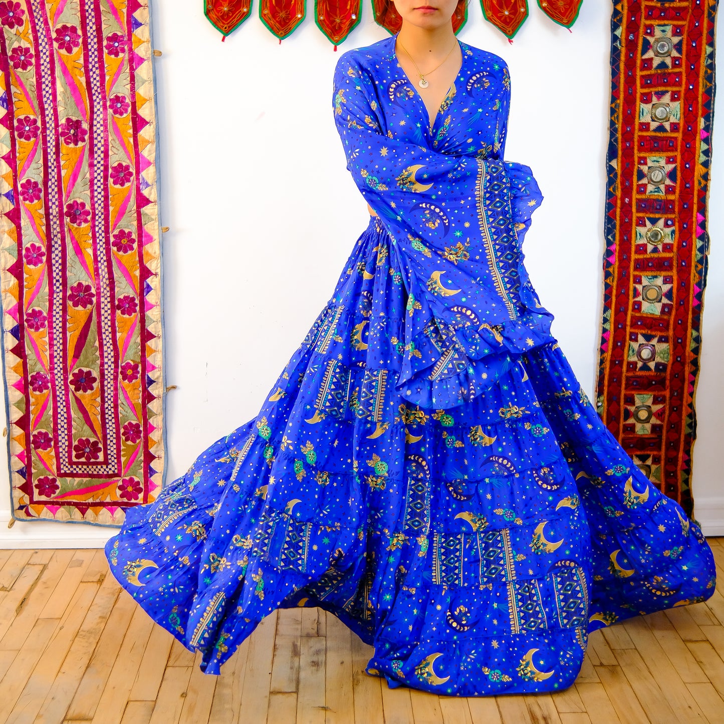 Flowy Silk Tiered Skirt Set with Flare Sleeve Top