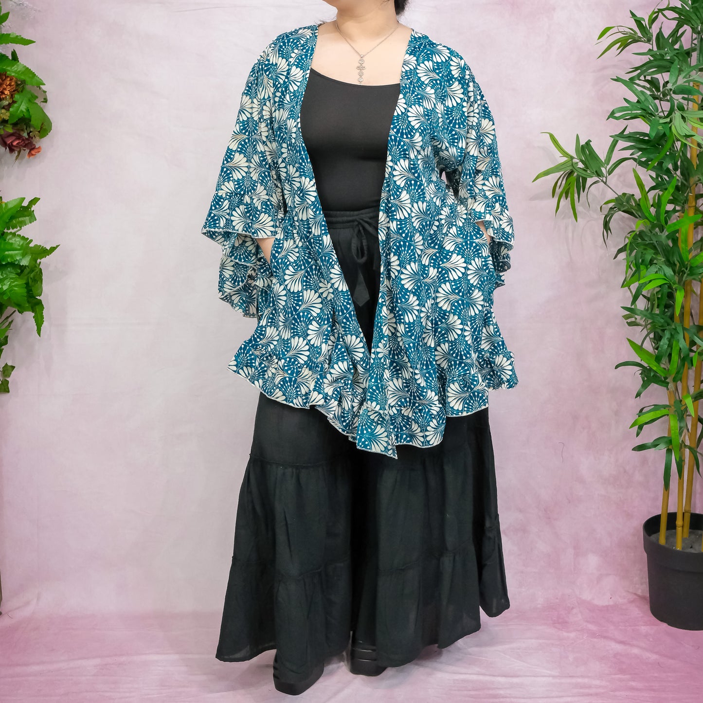 Flowy Ruffle Short Boho Kimono with Pockets