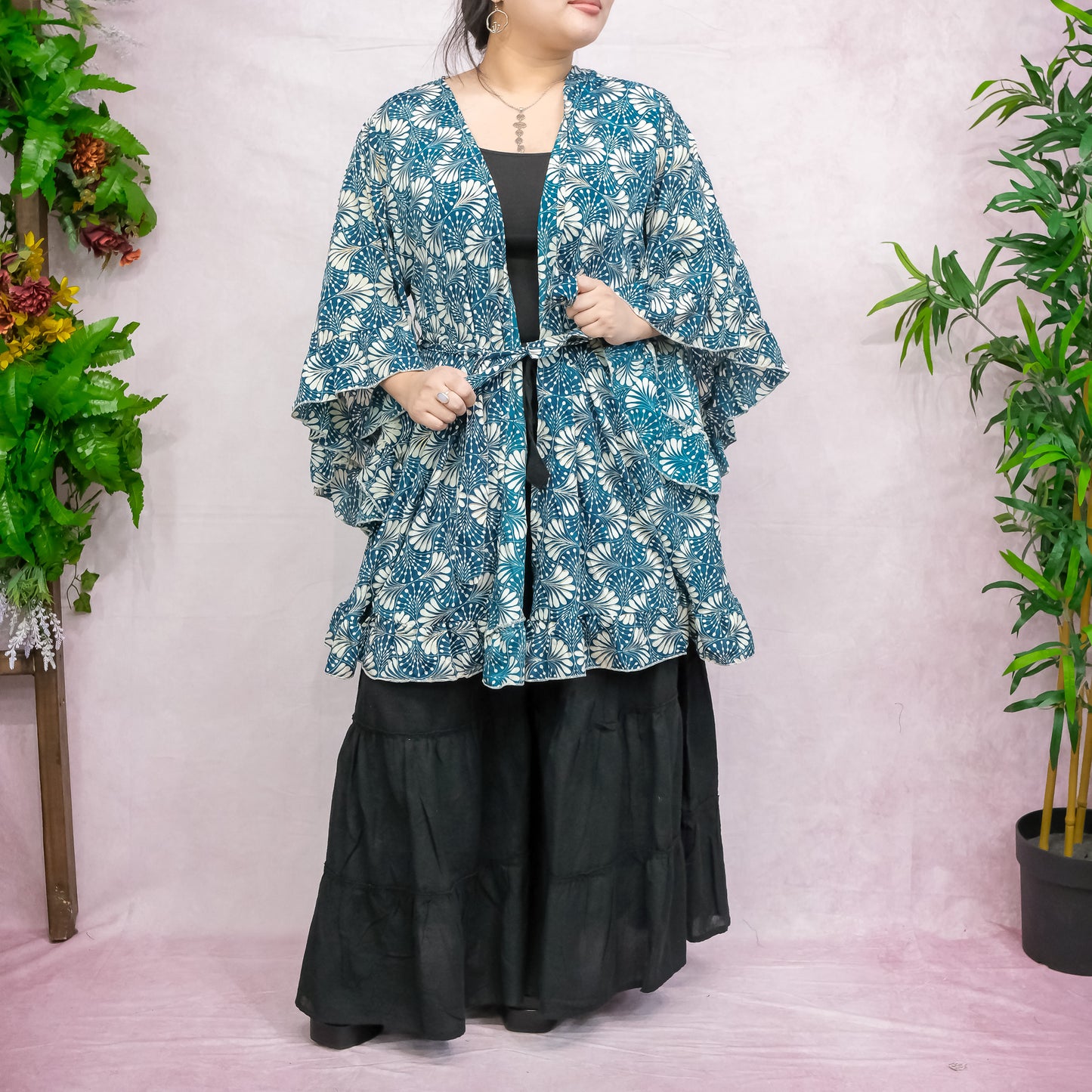 Flowy Ruffle Short Boho Kimono with Pockets