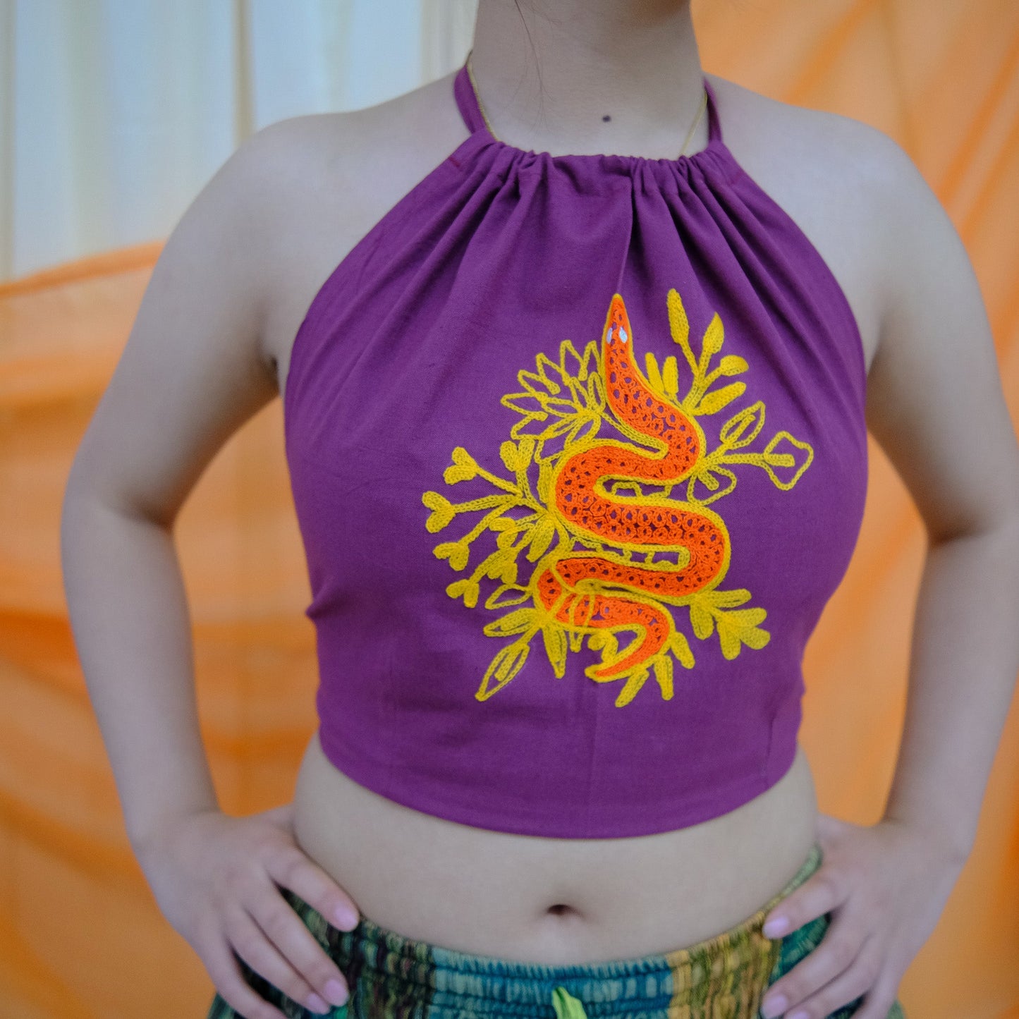 Hand Embroidered Snake Halter Top