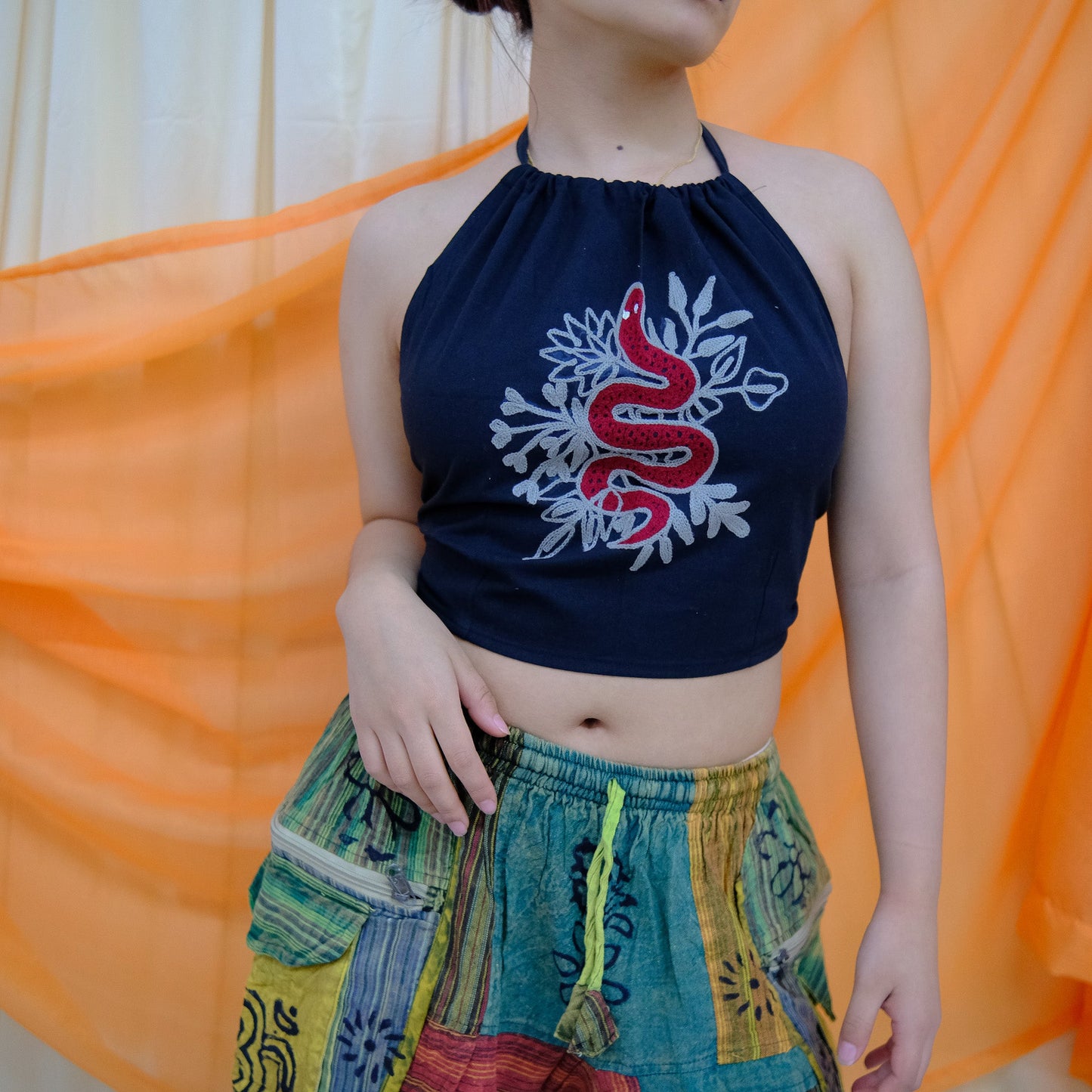 Hand Embroidered Snake Halter Top