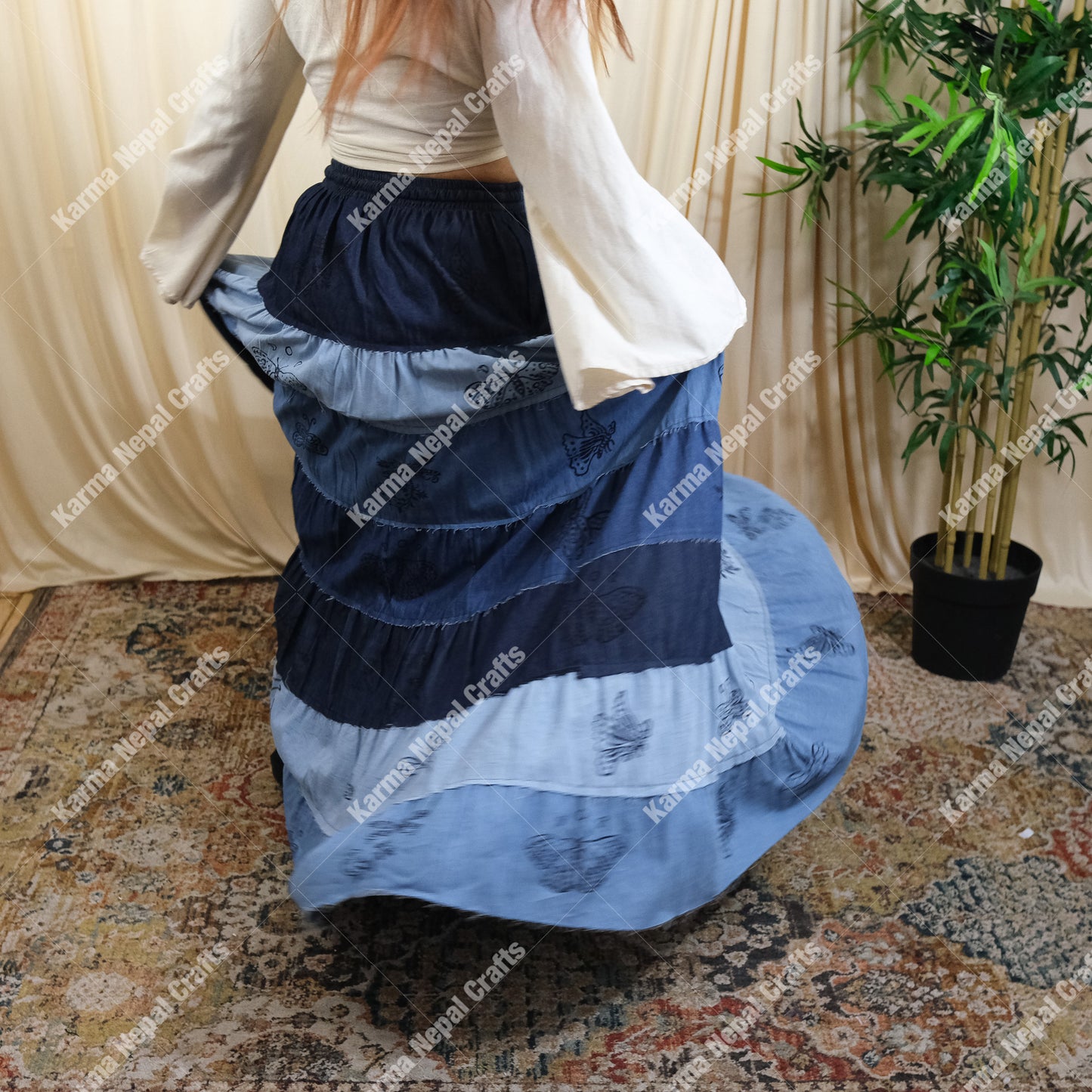 Patchwork Denim Look Flowy Long Maxi Skirt with Pockets