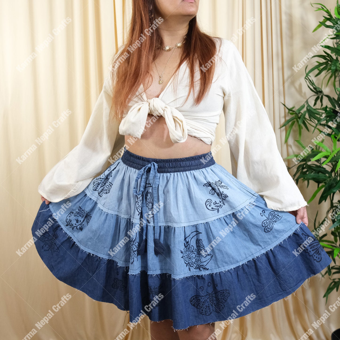 Patchwork Denim Look Flowy Mini Skort with Pockets