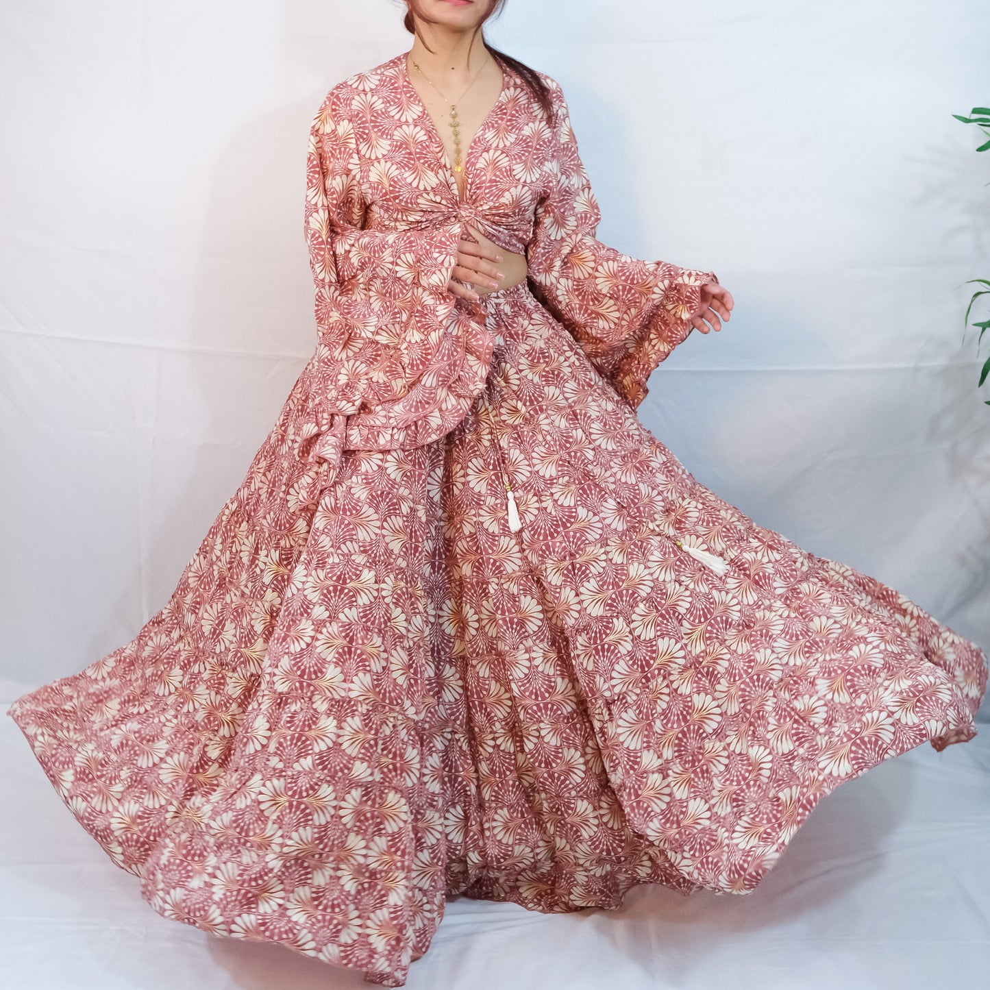 Boho Long Ruffle Recycled Silk Skirt and Tie Top Set