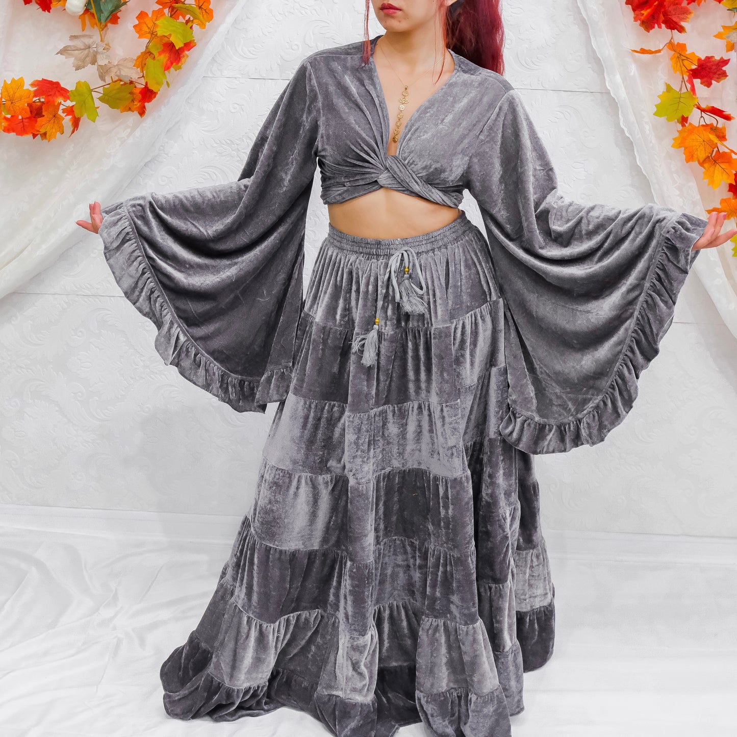 Long Flowy  Bohemian Style Velvet Skirt Set