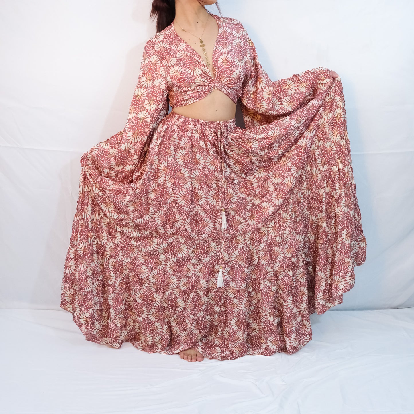 Boho Long Ruffle Recycled Silk Skirt and Tie Top Set