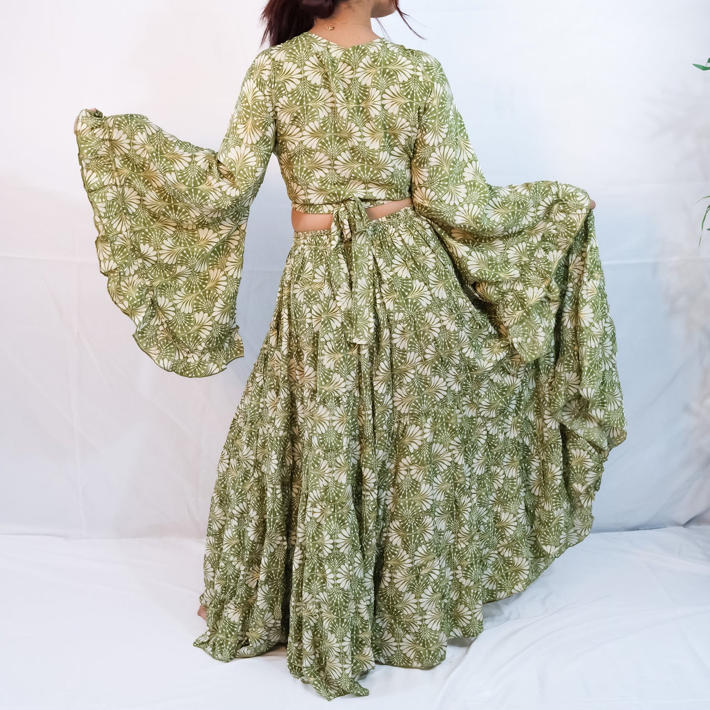 Boho Long Ruffle Recycled Silk Skirt and Tie Top Set