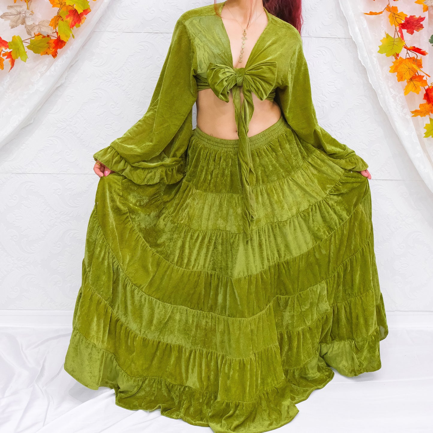 Long Flowy  Bohemian Style Velvet Skirt Set