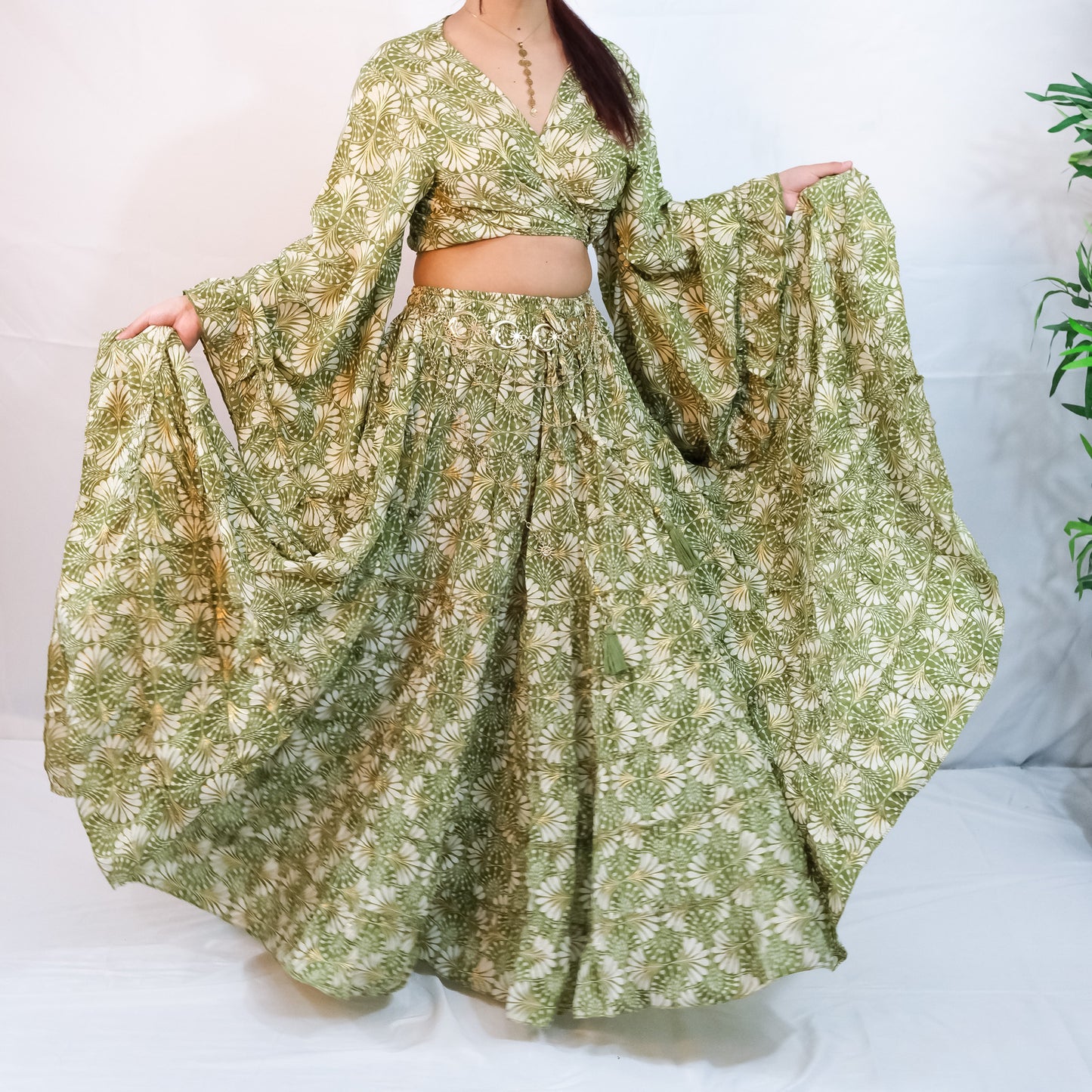 Boho Long Ruffle Recycled Silk Skirt and Tie Top Set