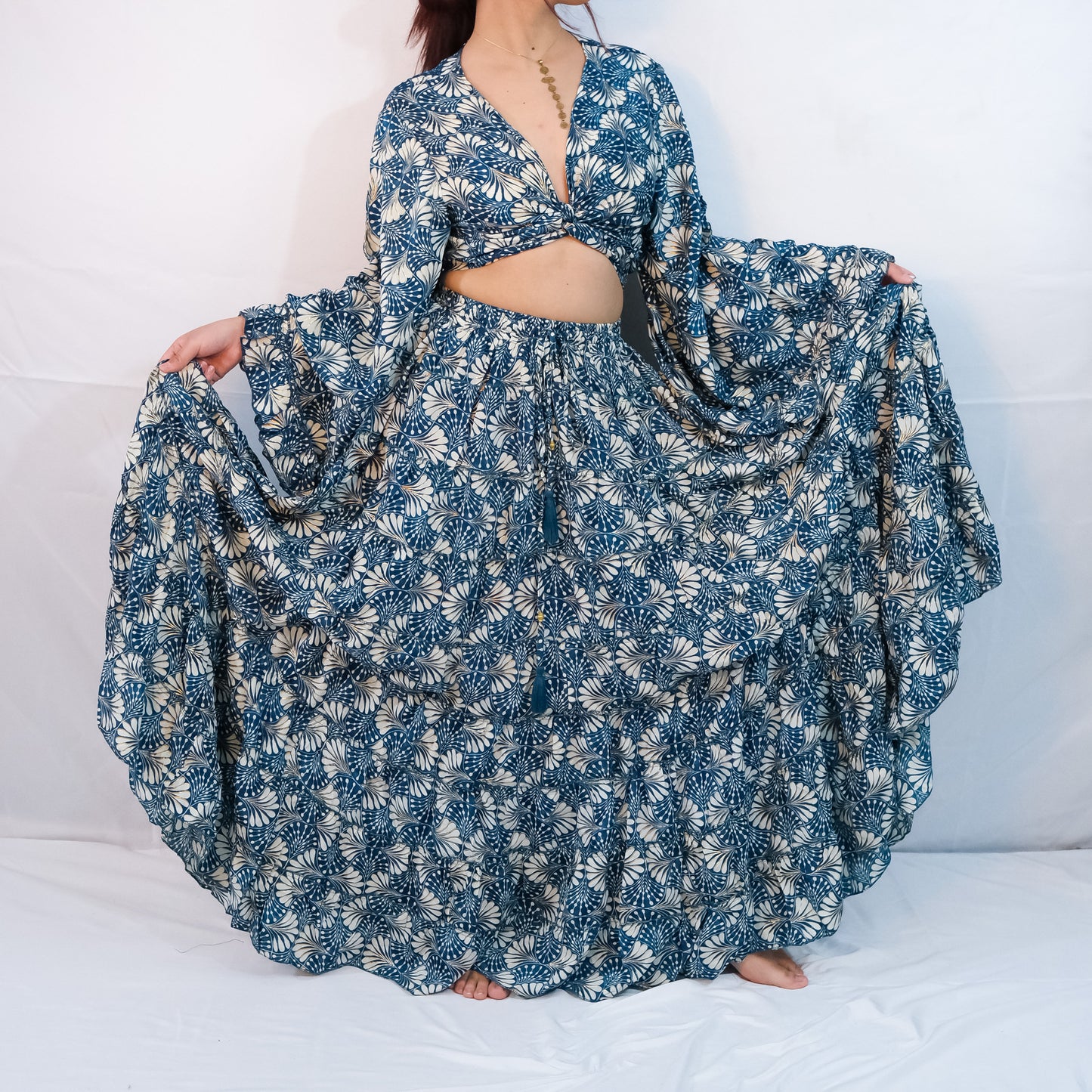 Boho Long Ruffle Recycled Silk Skirt and Tie Top Set