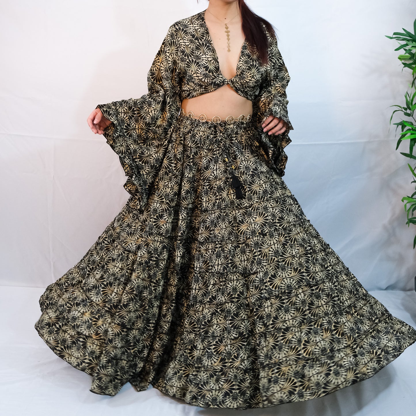 Boho Long Ruffle Recycled Silk Skirt and Tie Top Set