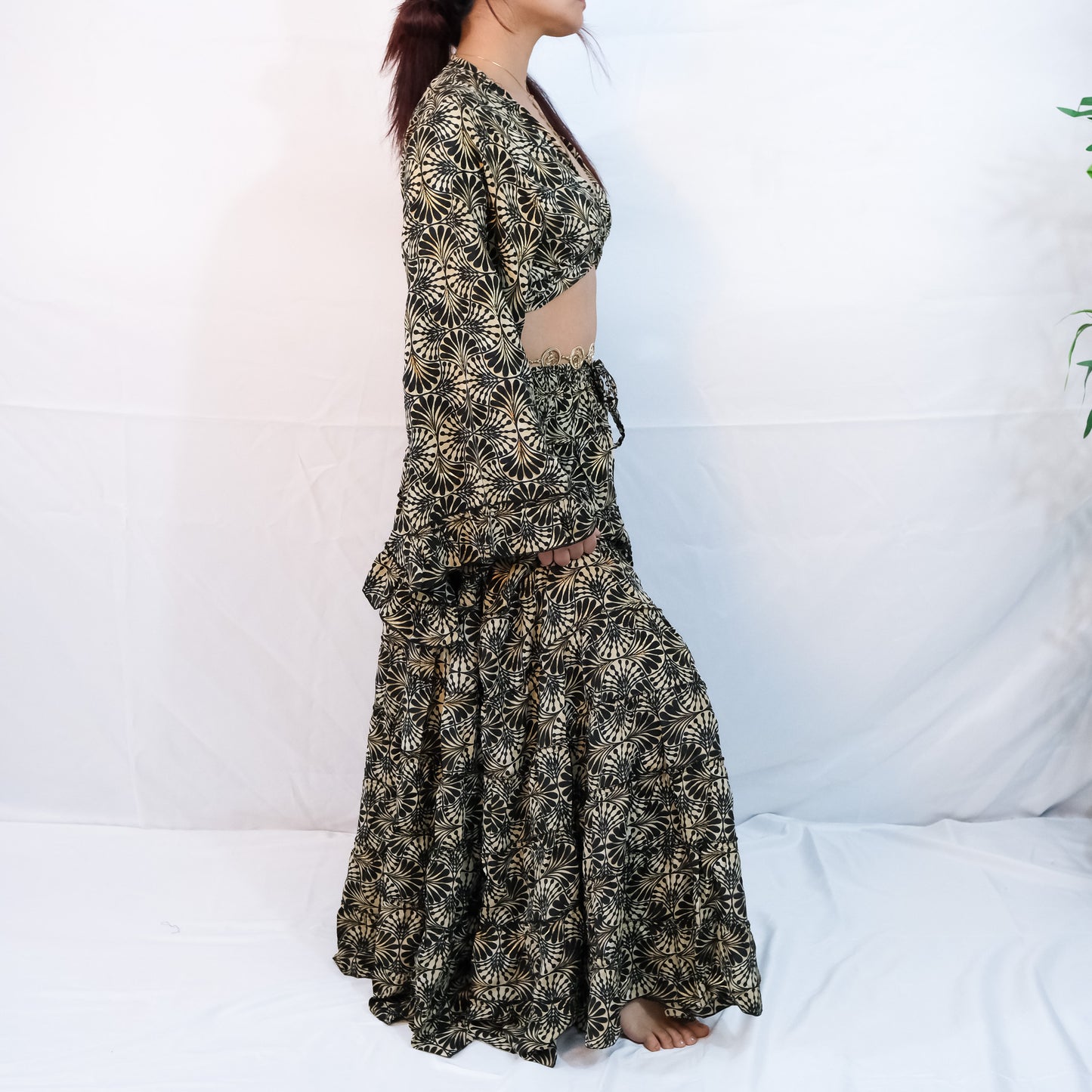 Boho Long Ruffle Recycled Silk Skirt and Tie Top Set