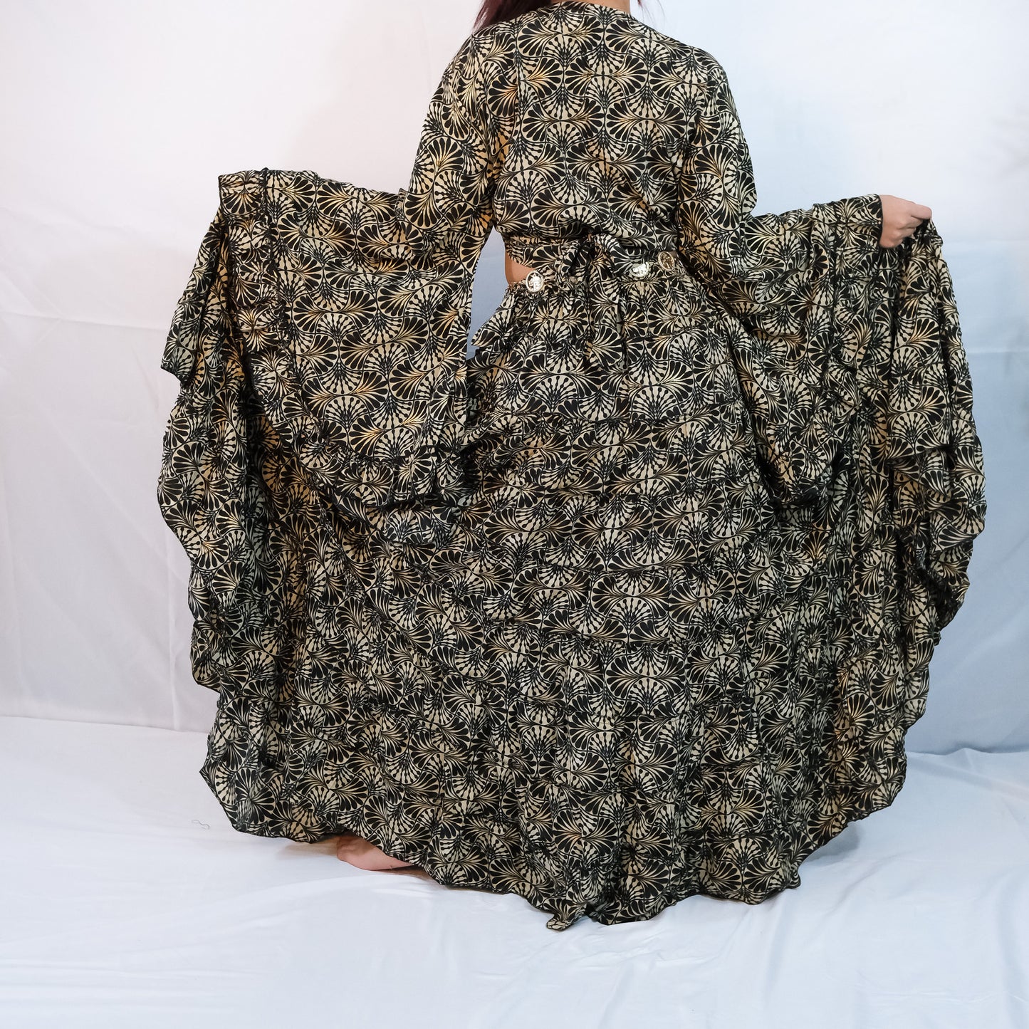 Boho Long Ruffle Recycled Silk Skirt and Tie Top Set