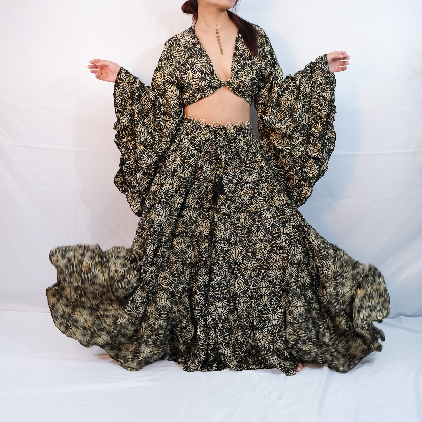 Boho Long Ruffle Recycled Silk Skirt and Tie Top Set