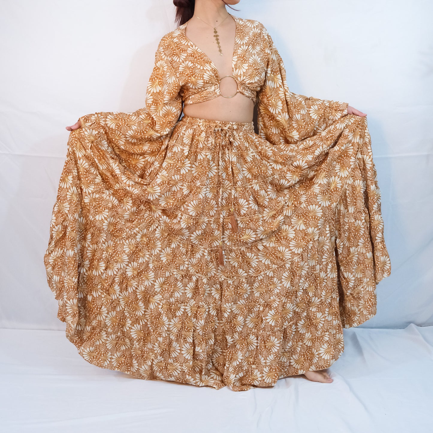 Boho Long Ruffle Recycled Silk Skirt and Tie Top Set