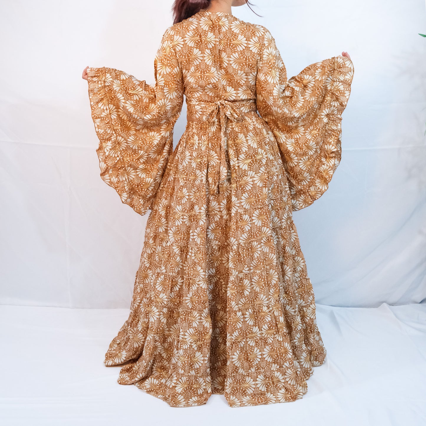 Boho Long Ruffle Recycled Silk Skirt and Tie Top Set