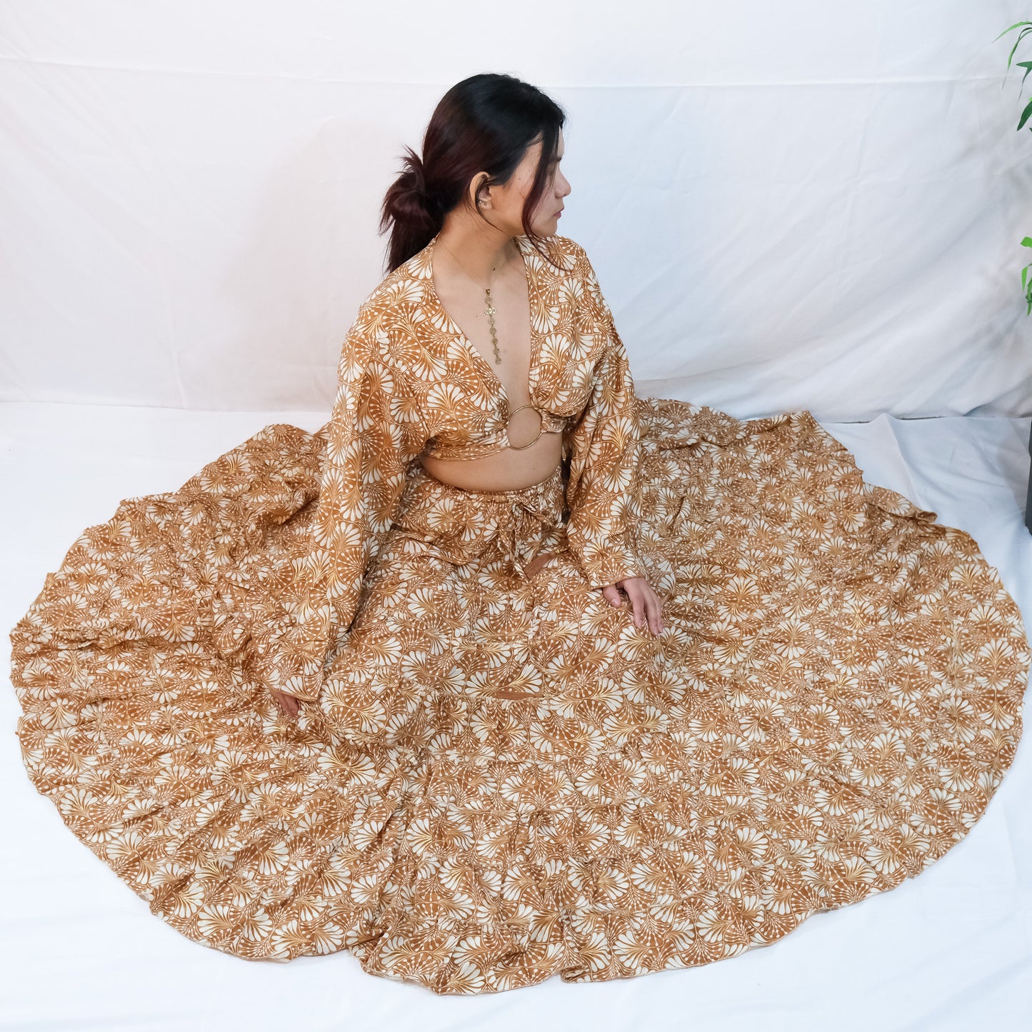 Boho Long Ruffle Recycled Silk Skirt and Tie Top Set