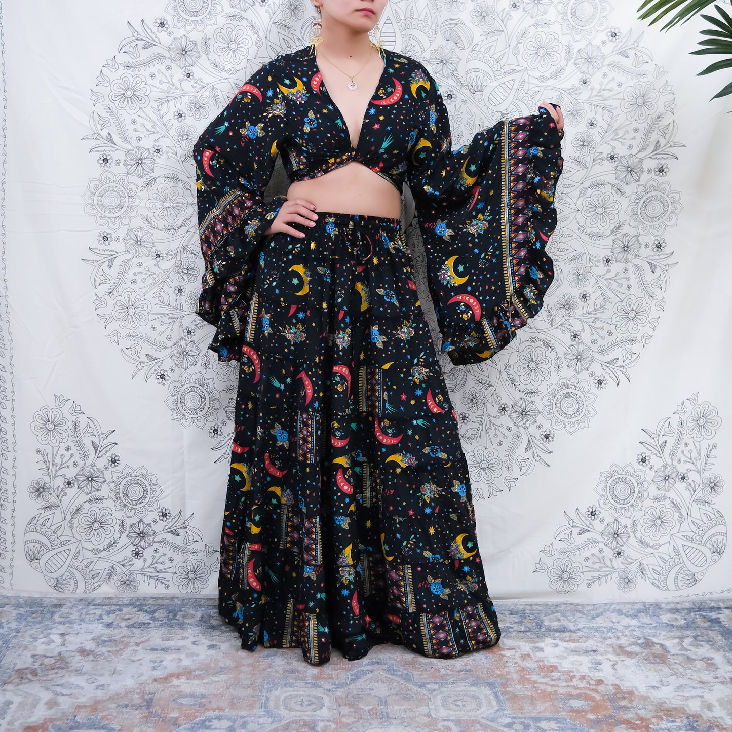 Flowy Silk Tiered Skirt Set with Flare Sleeve Top